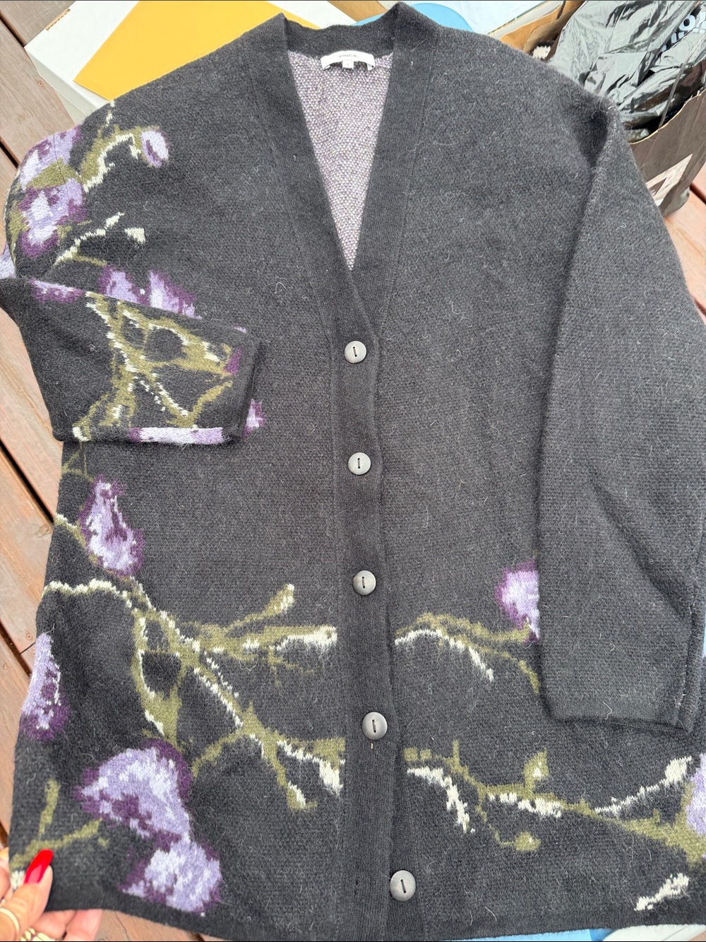 Vince Black Cardigan with Purple Floral Detail